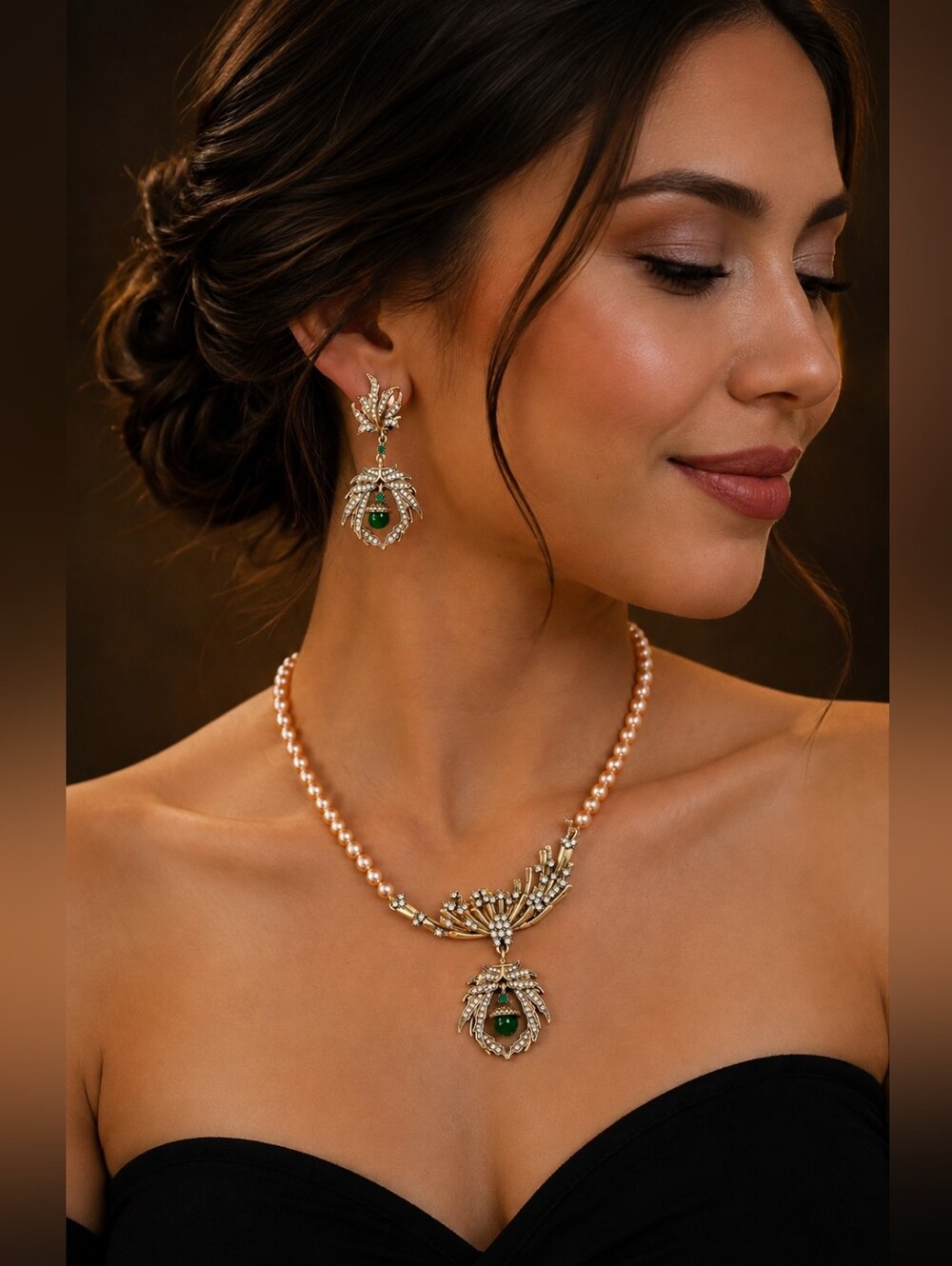 Green Stone Pearl-Accent Necklace & Earrings Set